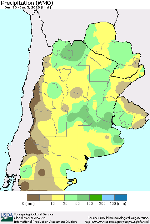Southern South America Precipitation (WMO) Thematic Map For 12/30/2019 - 1/5/2020