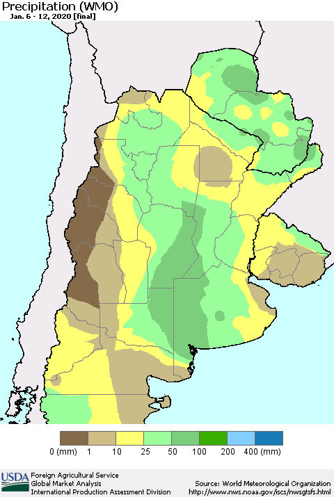Southern South America Precipitation (WMO) Thematic Map For 1/6/2020 - 1/12/2020