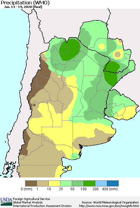 Southern South America Precipitation (WMO) Thematic Map For 1/13/2020 - 1/19/2020