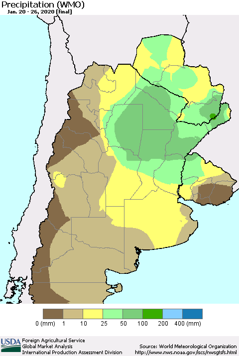Southern South America Precipitation (WMO) Thematic Map For 1/20/2020 - 1/26/2020