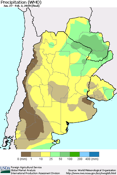 Southern South America Precipitation (WMO) Thematic Map For 1/27/2020 - 2/2/2020