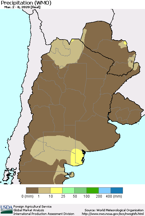 Southern South America Precipitation (WMO) Thematic Map For 3/2/2020 - 3/8/2020