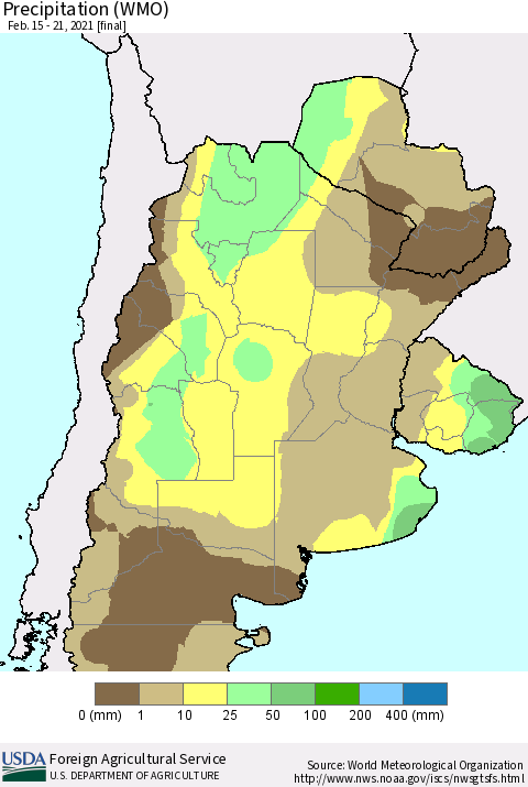 Southern South America Precipitation (WMO) Thematic Map For 2/15/2021 - 2/21/2021