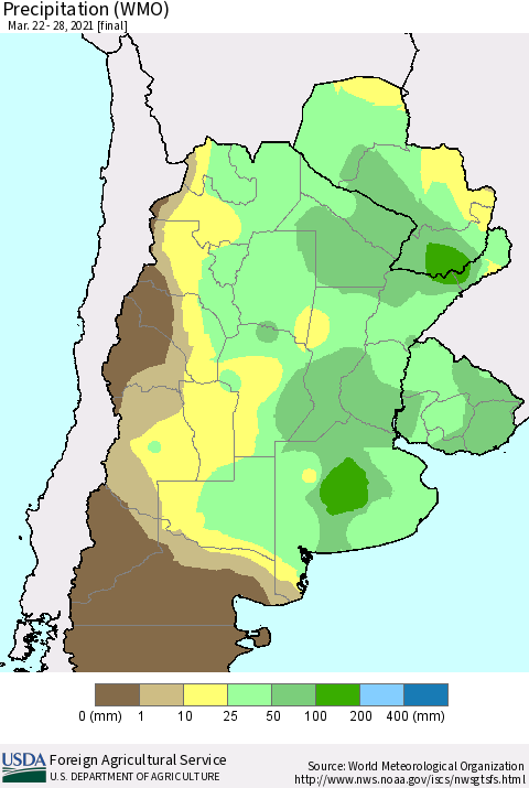 Southern South America Precipitation (WMO) Thematic Map For 3/22/2021 - 3/28/2021