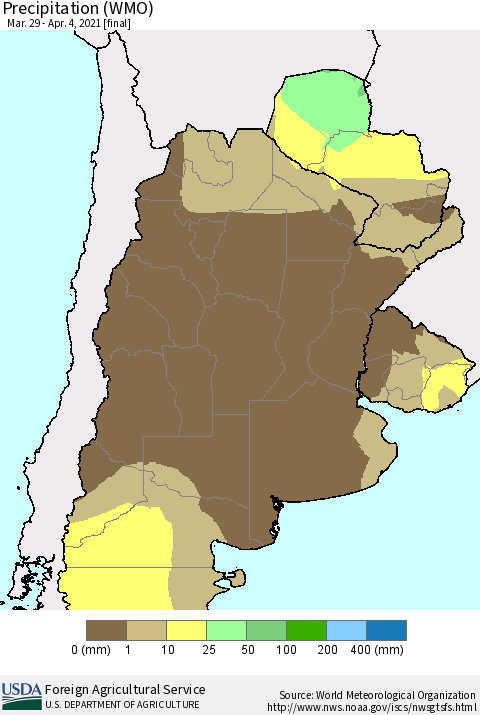 Southern South America Precipitation (WMO) Thematic Map For 3/29/2021 - 4/4/2021