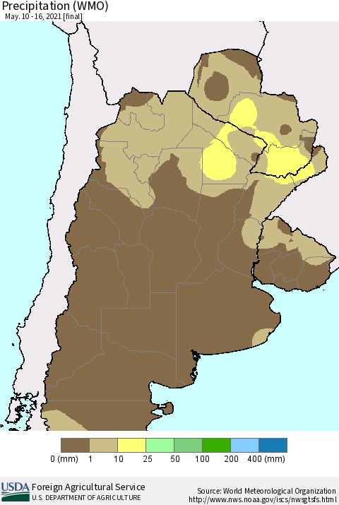Southern South America Precipitation (WMO) Thematic Map For 5/10/2021 - 5/16/2021