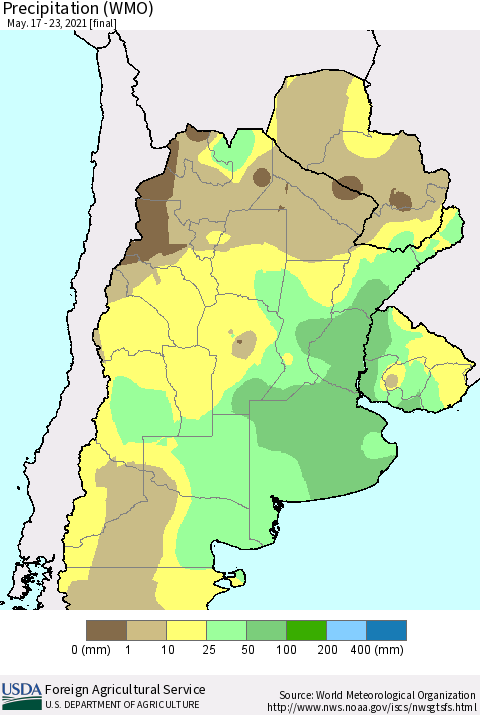 Southern South America Precipitation (WMO) Thematic Map For 5/17/2021 - 5/23/2021