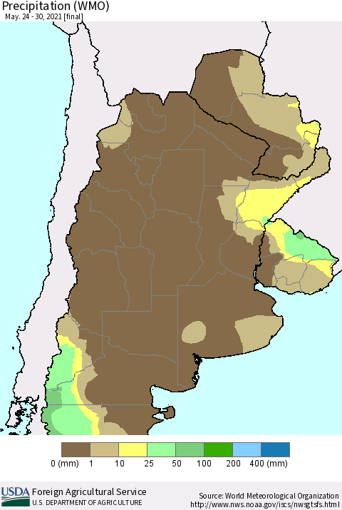 Southern South America Precipitation (WMO) Thematic Map For 5/24/2021 - 5/30/2021