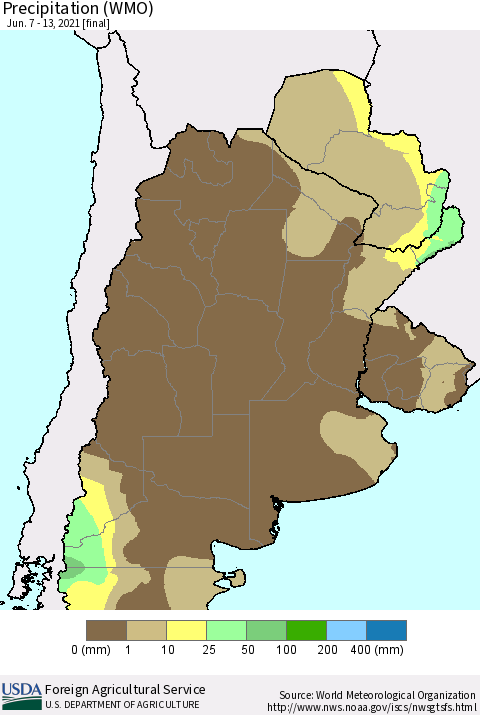 Southern South America Precipitation (WMO) Thematic Map For 6/7/2021 - 6/13/2021