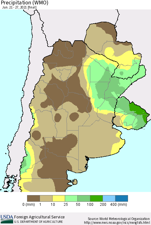Southern South America Precipitation (WMO) Thematic Map For 6/21/2021 - 6/27/2021