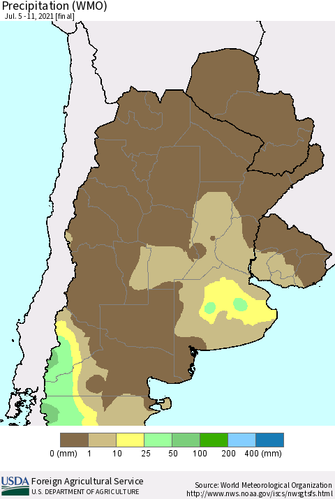 Southern South America Precipitation (WMO) Thematic Map For 7/5/2021 - 7/11/2021
