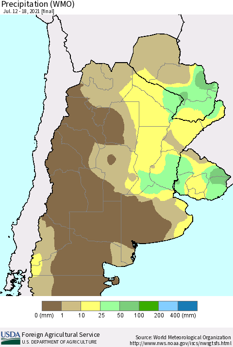 Southern South America Precipitation (WMO) Thematic Map For 7/12/2021 - 7/18/2021