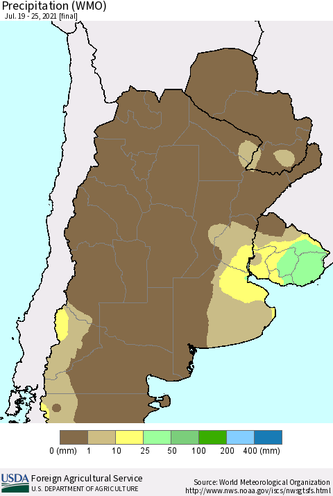 Southern South America Precipitation (WMO) Thematic Map For 7/19/2021 - 7/25/2021