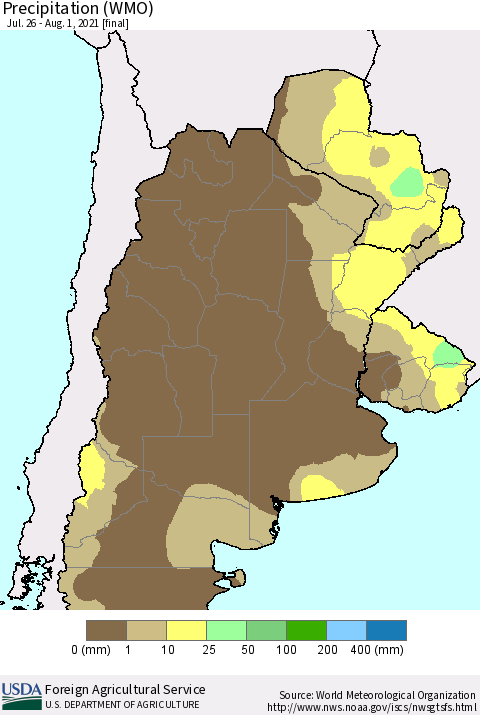 Southern South America Precipitation (WMO) Thematic Map For 7/26/2021 - 8/1/2021