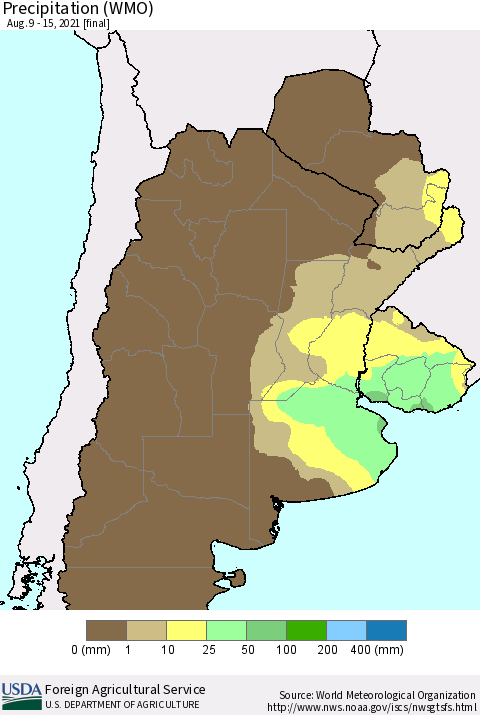 Southern South America Precipitation (WMO) Thematic Map For 8/9/2021 - 8/15/2021