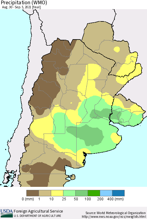 Southern South America Precipitation (WMO) Thematic Map For 8/30/2021 - 9/5/2021