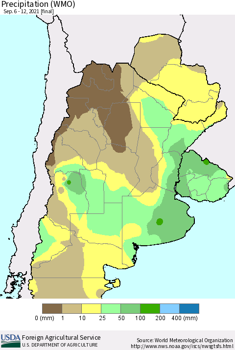 Southern South America Precipitation (WMO) Thematic Map For 9/6/2021 - 9/12/2021