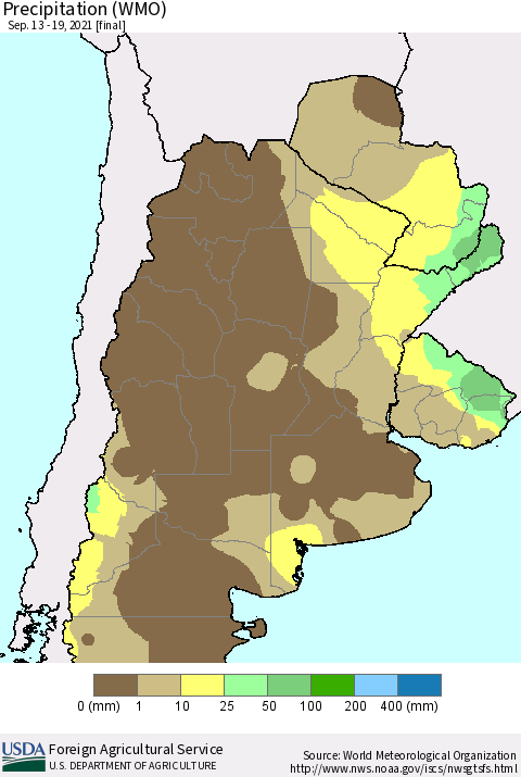 Southern South America Precipitation (WMO) Thematic Map For 9/13/2021 - 9/19/2021