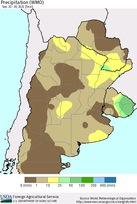 Southern South America Precipitation (WMO) Thematic Map For 9/20/2021 - 9/26/2021
