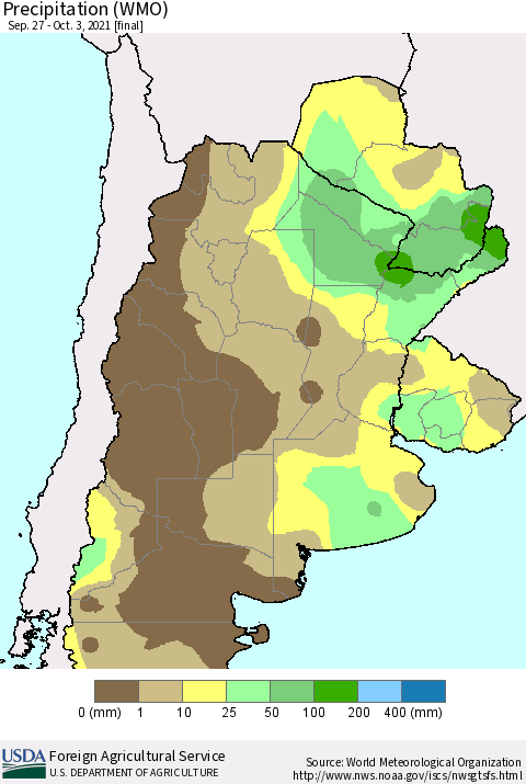 Southern South America Precipitation (WMO) Thematic Map For 9/27/2021 - 10/3/2021