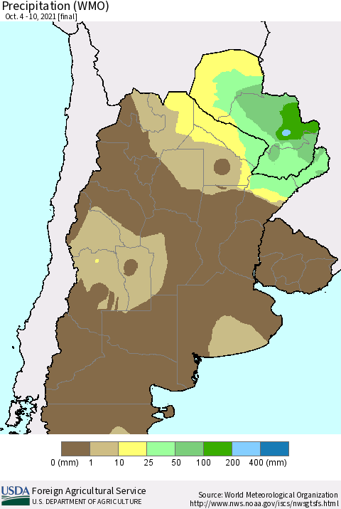 Southern South America Precipitation (WMO) Thematic Map For 10/4/2021 - 10/10/2021