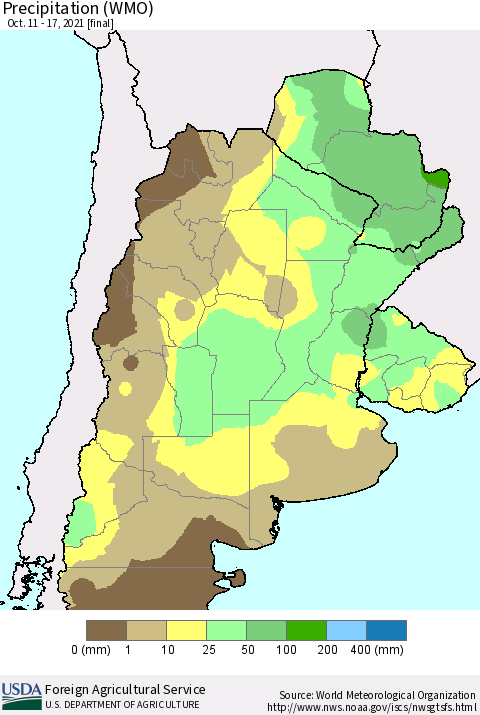 Southern South America Precipitation (WMO) Thematic Map For 10/11/2021 - 10/17/2021