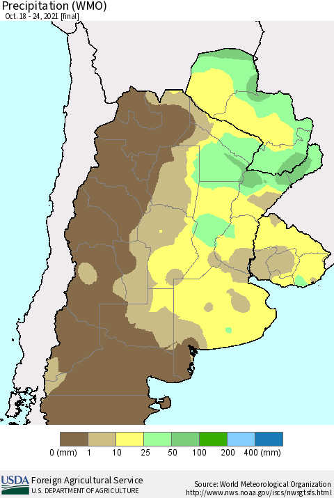 Southern South America Precipitation (WMO) Thematic Map For 10/18/2021 - 10/24/2021
