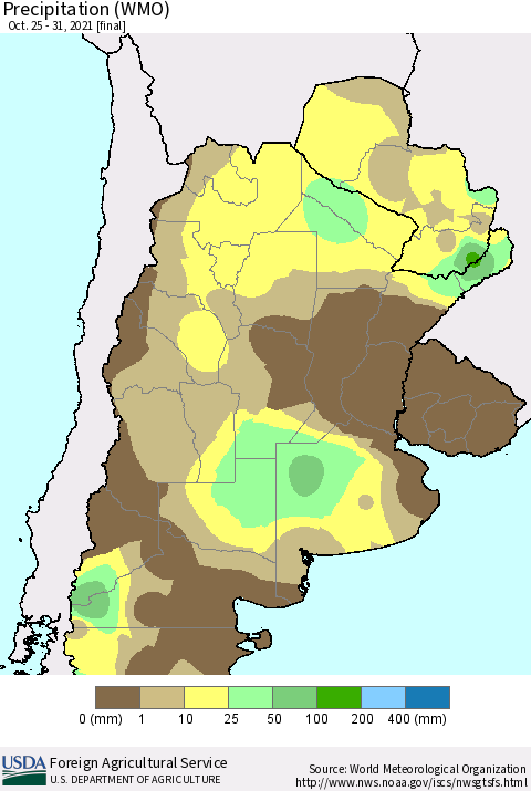 Southern South America Precipitation (WMO) Thematic Map For 10/25/2021 - 10/31/2021