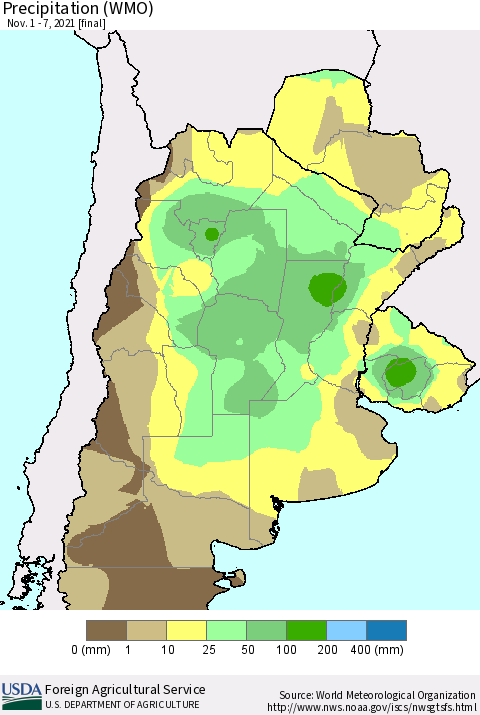 Southern South America Precipitation (WMO) Thematic Map For 11/1/2021 - 11/7/2021