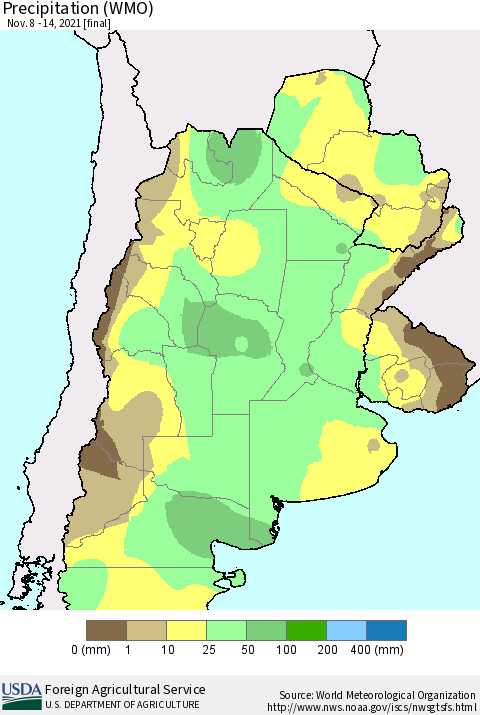 Southern South America Precipitation (WMO) Thematic Map For 11/8/2021 - 11/14/2021