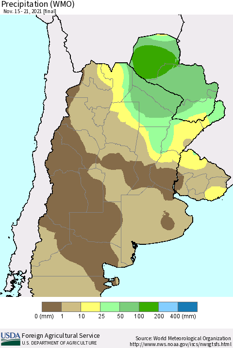 Southern South America Precipitation (WMO) Thematic Map For 11/15/2021 - 11/21/2021