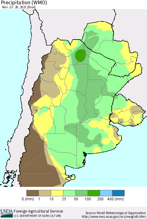 Southern South America Precipitation (WMO) Thematic Map For 11/22/2021 - 11/28/2021