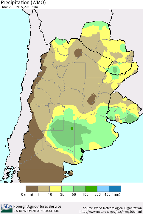 Southern South America Precipitation (WMO) Thematic Map For 11/29/2021 - 12/5/2021