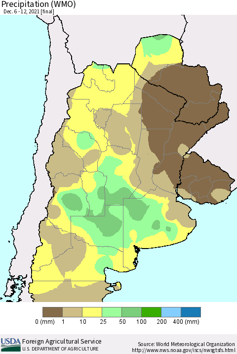 Southern South America Precipitation (WMO) Thematic Map For 12/6/2021 - 12/12/2021