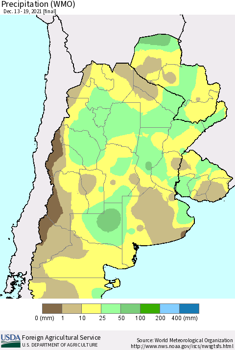 Southern South America Precipitation (WMO) Thematic Map For 12/13/2021 - 12/19/2021