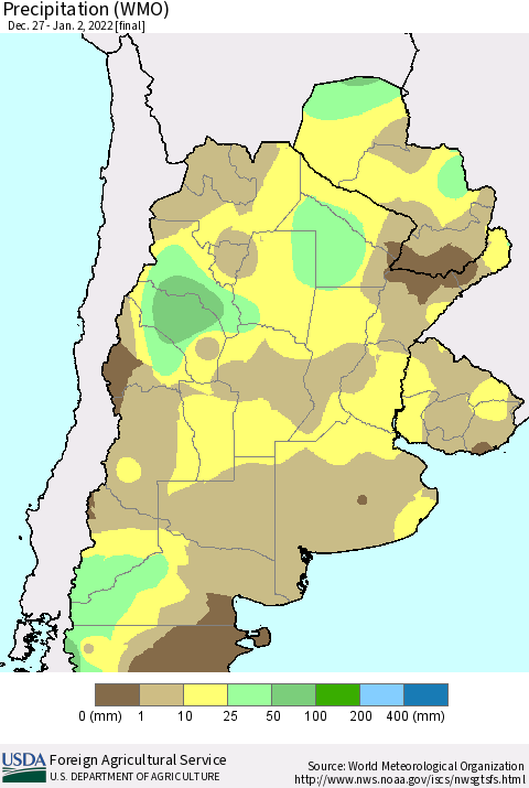 Southern South America Precipitation (WMO) Thematic Map For 12/27/2021 - 1/2/2022