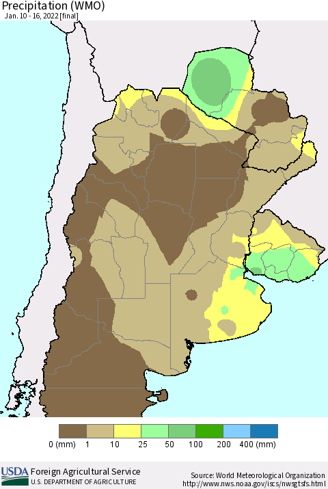 Southern South America Precipitation (WMO) Thematic Map For 1/10/2022 - 1/16/2022