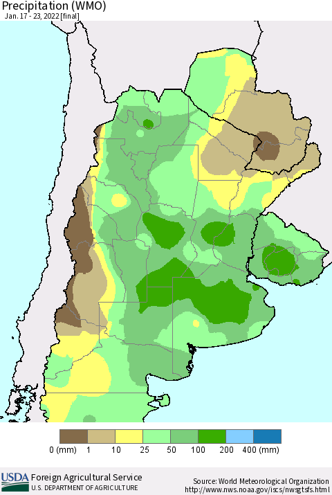Southern South America Precipitation (WMO) Thematic Map For 1/17/2022 - 1/23/2022