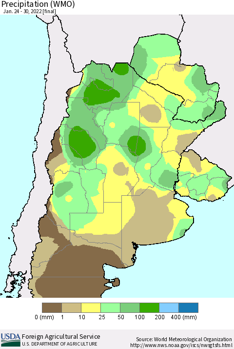 Southern South America Precipitation (WMO) Thematic Map For 1/24/2022 - 1/30/2022