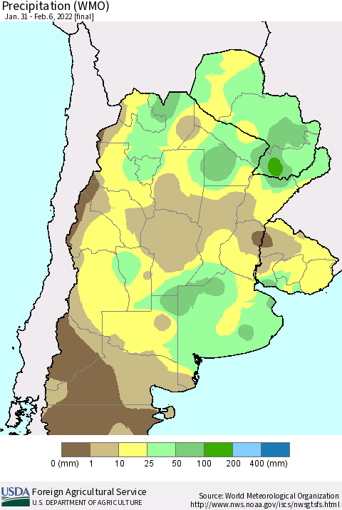 Southern South America Precipitation (WMO) Thematic Map For 1/31/2022 - 2/6/2022