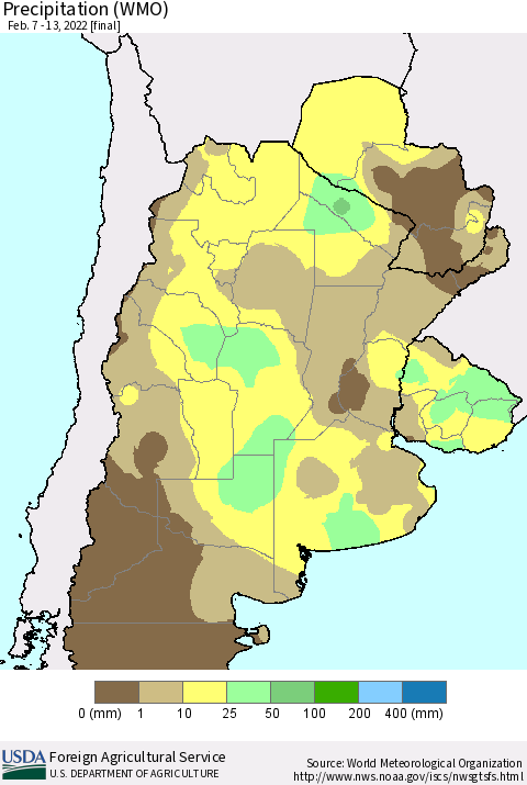 Southern South America Precipitation (WMO) Thematic Map For 2/7/2022 - 2/13/2022