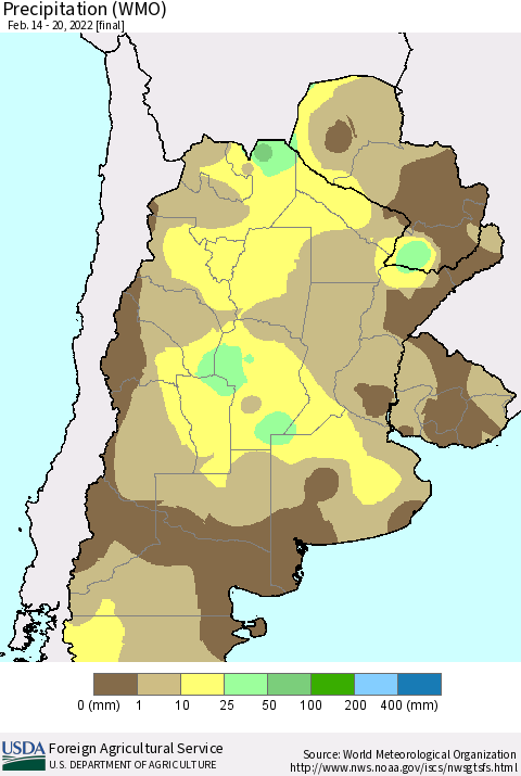 Southern South America Precipitation (WMO) Thematic Map For 2/14/2022 - 2/20/2022