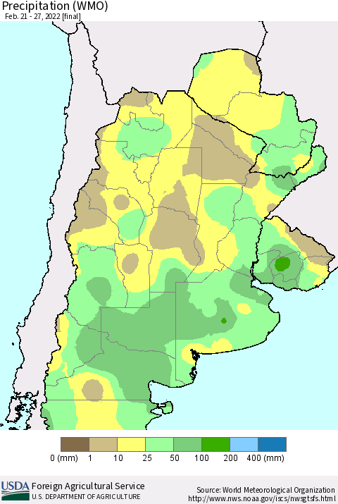 Southern South America Precipitation (WMO) Thematic Map For 2/21/2022 - 2/27/2022