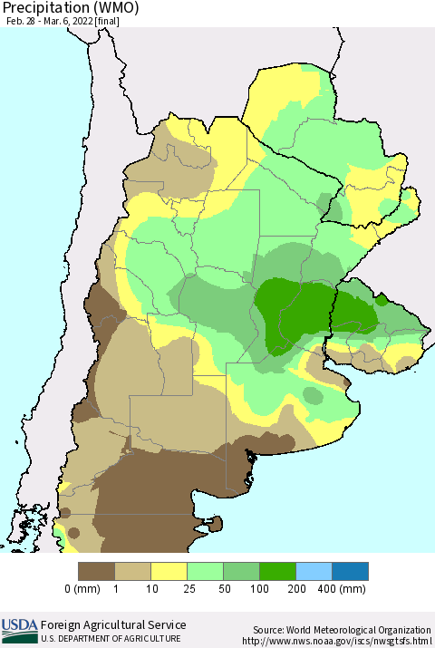 Southern South America Precipitation (WMO) Thematic Map For 2/28/2022 - 3/6/2022