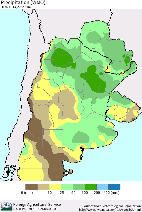 Southern South America Precipitation (WMO) Thematic Map For 3/7/2022 - 3/13/2022
