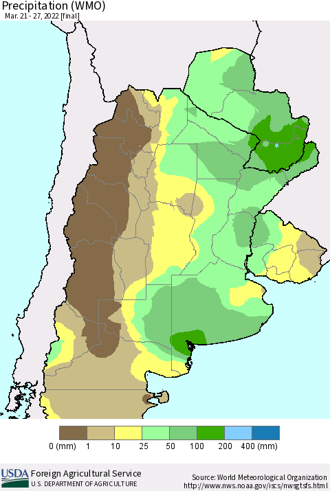 Southern South America Precipitation (WMO) Thematic Map For 3/21/2022 - 3/27/2022