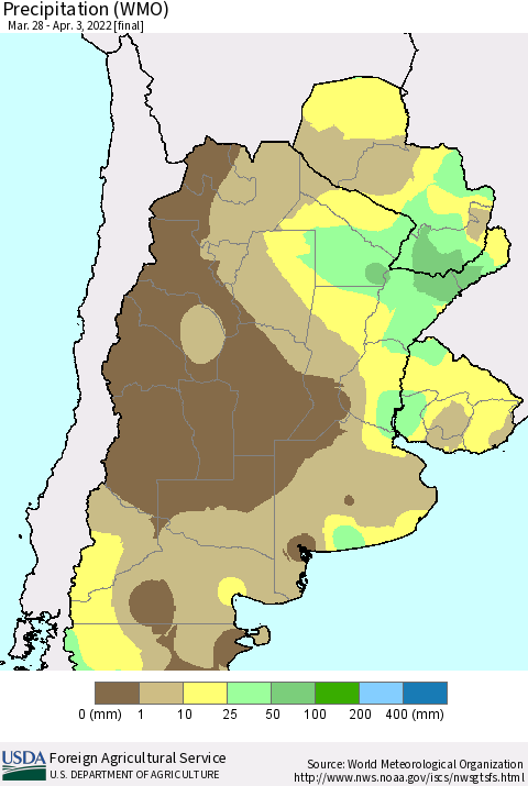 Southern South America Precipitation (WMO) Thematic Map For 3/28/2022 - 4/3/2022