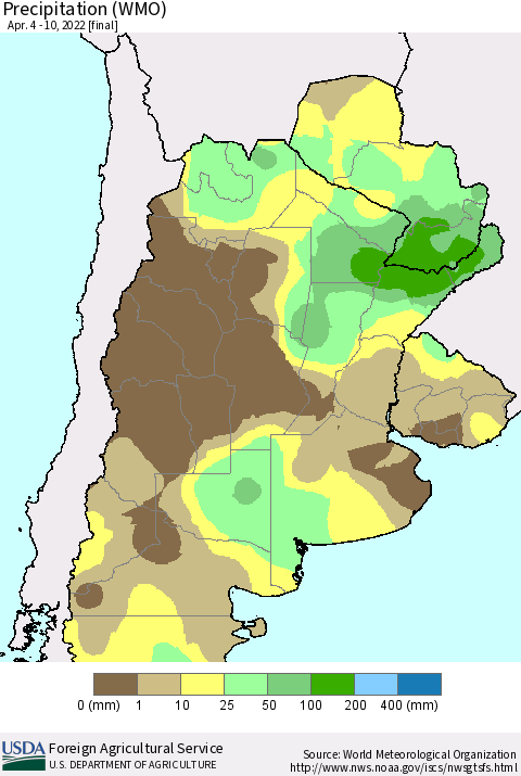 Southern South America Precipitation (WMO) Thematic Map For 4/4/2022 - 4/10/2022