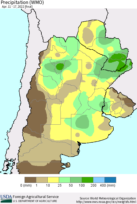 Southern South America Precipitation (WMO) Thematic Map For 4/11/2022 - 4/17/2022