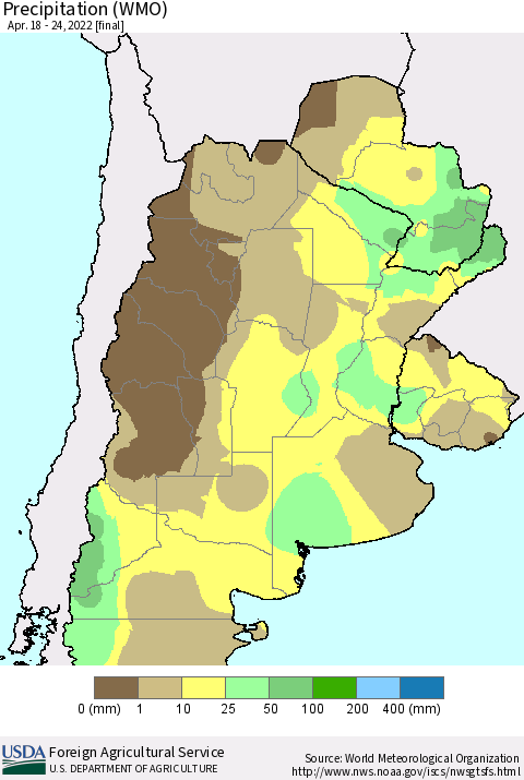 Southern South America Precipitation (WMO) Thematic Map For 4/18/2022 - 4/24/2022